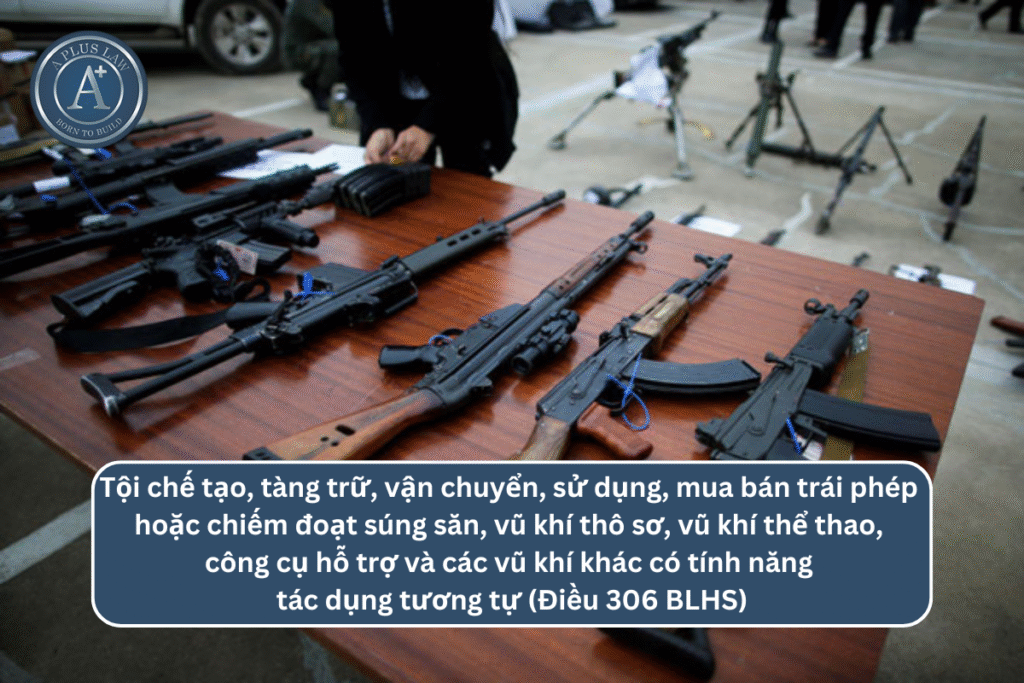 Tội chế tạo, tàng trữ, vận chuyển, sử dụng, mua bán trái phép hoặc chiếm đoạt súng săn, vũ khí thô sơ, vũ khí thể thao, công cụ hỗ trợ và các vũ khí khác có tính năng tác dụng tương tự theo Điều 306 BLHS