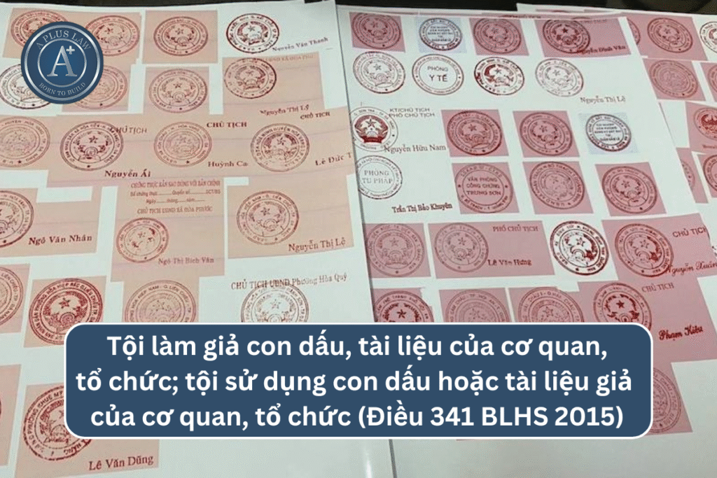 Tội làm giả con dấu, tài liệu của cơ quan, tổ chức; tội sử dụng con dấu hoặc tài liệu giả của cơ quan, tổ chức theo Điều 341 BLHS